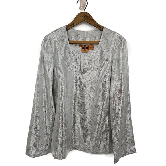 Tory Burch Silver Silk Top Womens 10 Long Sleeve Metallic Blouse Pullover - Picture 1 of 3